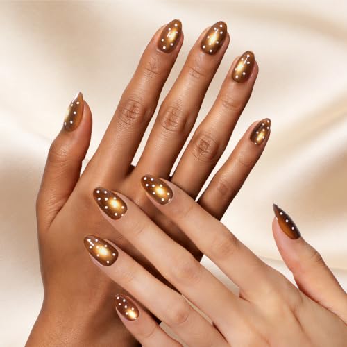 Beetles Brown Cat Eye Press On Nails Short Almond, 32PCS, Polka Dot Design - color: 2A - Maple Taffy - S