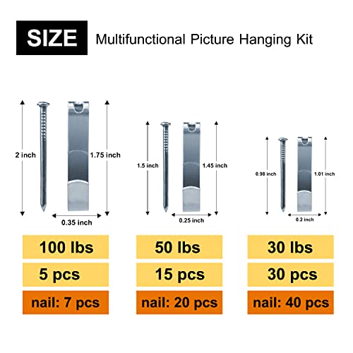 117Pcs Picture Hangers, 3 Size Picture Hooks Including 30/50/100lbs, Picture Hanging Kit, Professional Plaster Picture Hanging Kit for Wooden Wall or Drywall(50 Hangers+ 67 Nails) - size: Silver 30-100 lbs