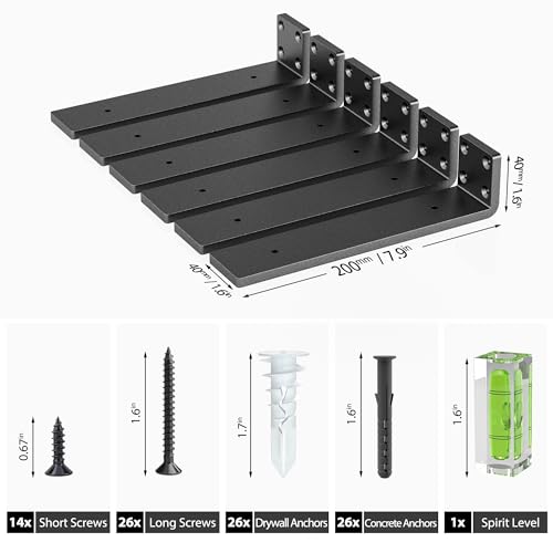 HOZE Sturdy Heavy Duty Shelf Bracket 8-Inch Set of 6, Perfect for Floating Shelves, Made from 1/5" Thick Metal in Matte Black Finish - size: 8 Inch, style: 6 Pack