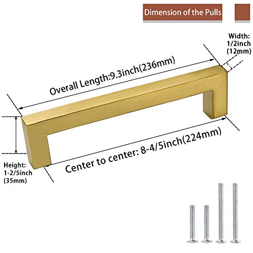 Goldenwarm Gold Cabinet Pulls Kitchen Cabinet Door Handle - LSJ12GD224 Brushed Brass Drawer Pulls 8-4/5 Inch Hole Center Modern Square Cupboard Handles Hardware Dresser Knobs 25 Pack - color: Gold, size: 8-4/5in Hole Centers