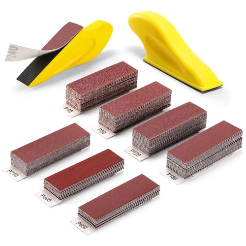 POLIWELL Micro Sanding Tools 3.5” x 1” Detail Sander for Small Projects, Mini Handle Sander Kit+ Sandpaper 40 80 120 180 240 400 600 Grit for Crafts Wood Finishing Tight Narrow Spaces, 120 PCS - style: 120 Pcs