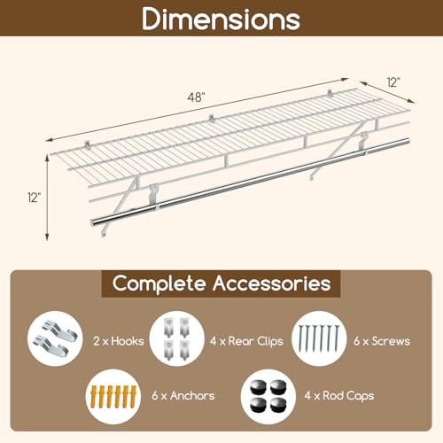 COSTWAY Closet Shelves Wall Mounted, Ventilated Shelf with Hanging Rod | Metal Wire Shelving Kit, Wire Wall Shelf for Laundry Room, Bedroom, Home, Mounting Accessories Included (4 ft x 12 in) - size: 4 ft x 12 in