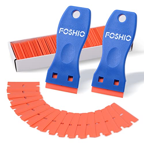 FOSHIO Plastic Razor Blade Scraper Include 2PCS Scraper Tool and 100PCS Blades for Gasket Remover, Labels Decal and Adhesive Remover for Windows and Glass - color: Blue