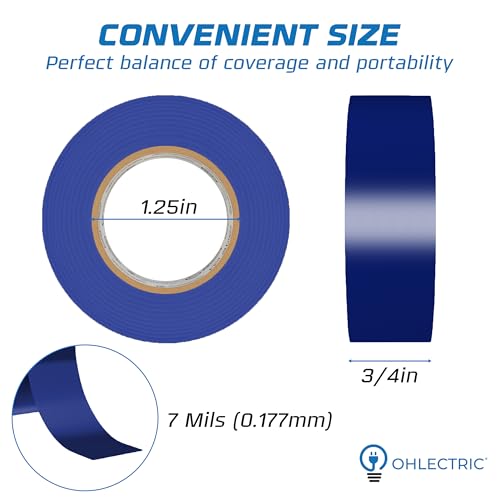 OHLECTRIC Professional Grade Vinyl Electrical Tape (10 Pack) Blue - 7 Mil Thick Flame-Retardant, Heat & Weather Resistant 3/4 Inch x 60 Feet | Ideal for Contractors & Electricians - size: 10 Roll, style: Blue