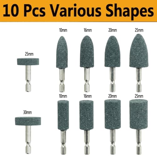 10 Pcs 1/4" Hex Shank Drill Grinding Stone Set