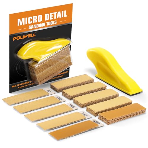 POLIWELL Micro Sander Kit 3.5” x 1” Mini Sander for Small Projects, Detail Handle Sanding Tools + Sandpaper 80 120 180 240 400 Grit for DIY Crafts Wood Finishing Tight Narrow Spaces Polishing, 50 PCS - style: 50 Pcs