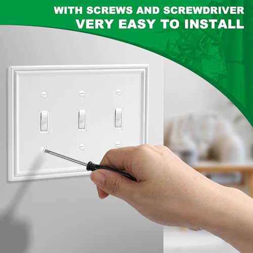 OKAYZIP White Decorative 3 Switch Light Switch Cover Plate | Natural Material Triple Toggle Switch Plate Covers - Modern Style 3 Gang Wall Plates - size: 3 Toggle 1 Pack