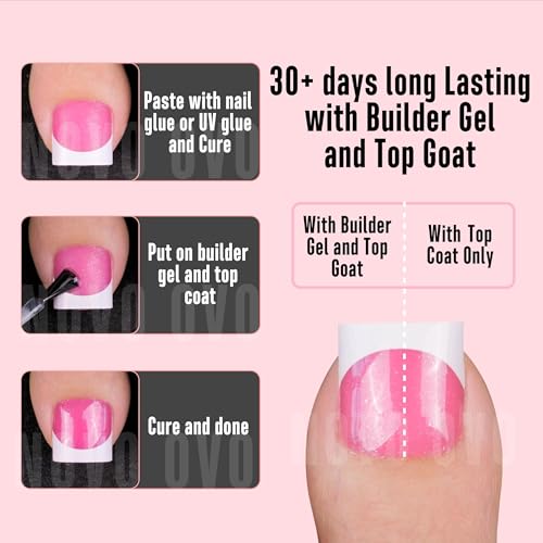 NOVO OVO French Tip Toe Nail Tips press on, ROSE PINK WITH GLITTER Sharp Square Toe Nail Tips Toenail Extension, Need Builder Gel & Top Coat, no Glue, Full Cover Acrylic for DIY 15 Sizes 240 pcs - color: Sharp Square White French Tip Rose Pink