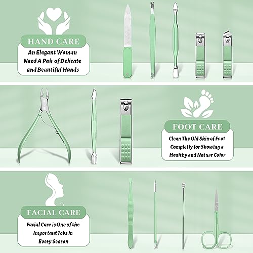 Manicure Pedicure Set, Nail Clipper Set for Men Women, Professional Manicure Kit Pedicure Kit, Nail Care Kit with Green Travel Leather Bag, Set 12 in 1 - color: green