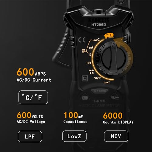KAIWEETS HT206D Digital Clamp Meter T-RMS 6000 Counts, Multimeter Voltage Tester Auto-ranging, Measures Current Voltage Temperature Capacitance Resistance Diodes Continuity Duty-Cycle (AC/DC Current) - size: 6000 Counts