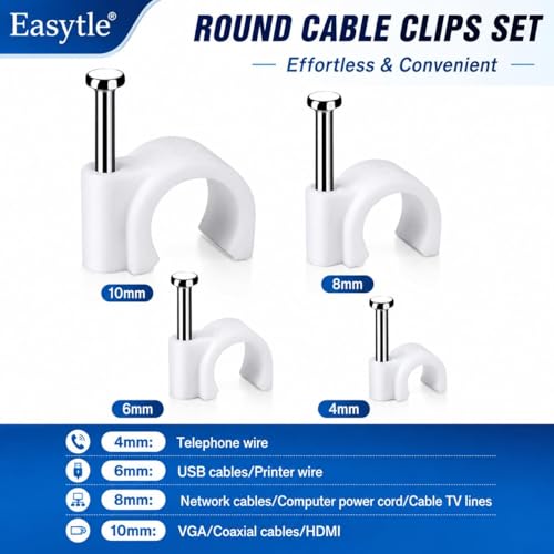 Cable Wire Clips 4mm 6mm 8mm 10mm (Pack of 200) Cable Management RG6 RG59 CAT5 CAT6 RJ45 Electrical Ethernet Dish TV Speaker Wire Cord Tie Holder Single Coaxial Nail Clamps - size: 200 Pcs
