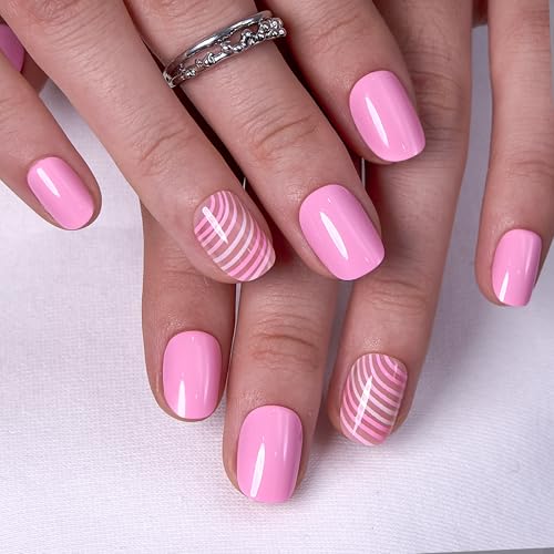 CurvLife Extra Short Wave Design Press On Nails, Pink Ripple Pink, Soft Gel - color: D2 - Pink ripple