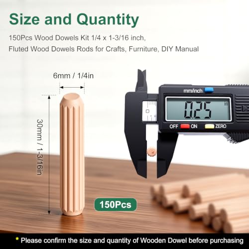 150Pcs Wood Dowels Kit 1/4 x 1-3/16 inch, Wooden Dowel Pins, Fluted Wood Dowels Rods for Crafts, Furniture, DIY Manual - size: 1/4" x 1-3/16"-150pcs