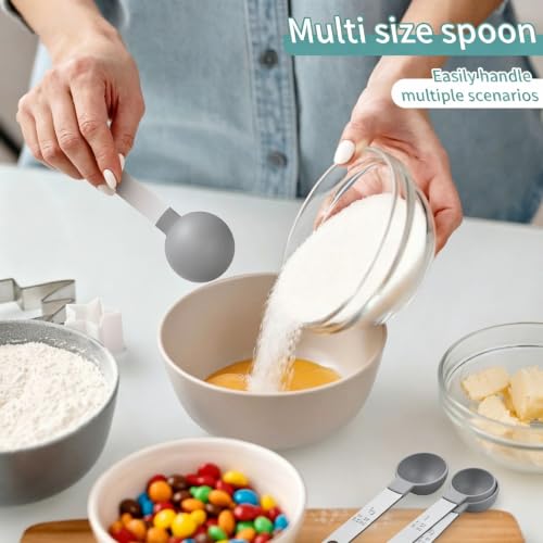 Measuring Cups Set Measuring Spoons Set, Nesting Measure Cups with Stainless Steel Handle, For Measuring Dry and Liquid Ingredients Small Teaspoon with Plastic Head (Grey) - color: Gray