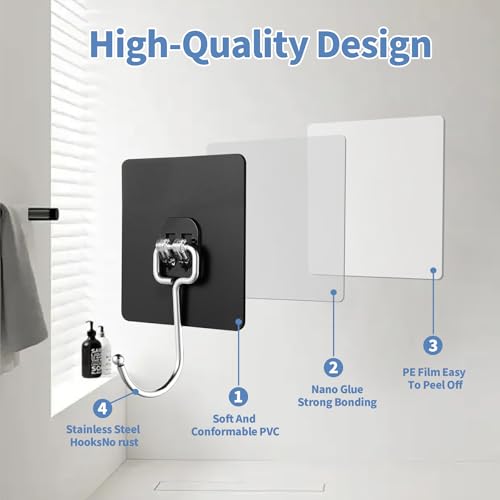 Adhesive Wall Hooks, Heavy Duty Black Sticky Hooks, 10 Pack - color: Black