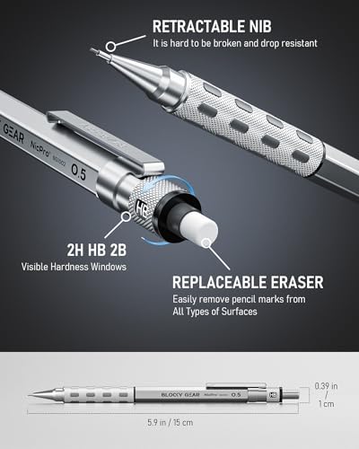 Nicpro Blocky Gear 0.5 mm & 0.7 mm Mechanical Pencils Set in Case - style: Contemporary