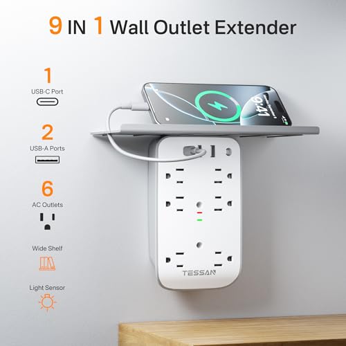 TESSAN Wall Outlet Extender with Shelf and Dimmable Night Light,
