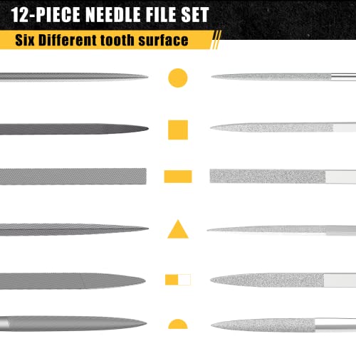TARIST 12PCS Needle File Set with Tool Bag, Small File Set Includes 6pcs Jewlers Files & 6 Steel Files for Metal, Jewlers, Wood, Leather and Plastic - style: Needle File - 12 pcs