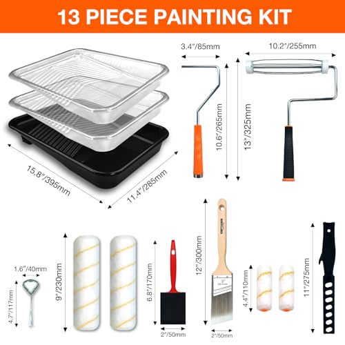 13 Pcs Paint Tray Set, Paint Brush with 9" & 4" Paint Roller - color: 13 Pack, 9" Paint Trays