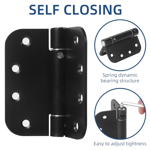 6 Pack Self Closing Door Hinges, 4 Inch Spring Loaded Hinges Adjustable Tension Spring Hinges with 5/8'' Radius Corners, Heavy-Duty Door Hardware for Commercial and Residential Doors, Matte Black