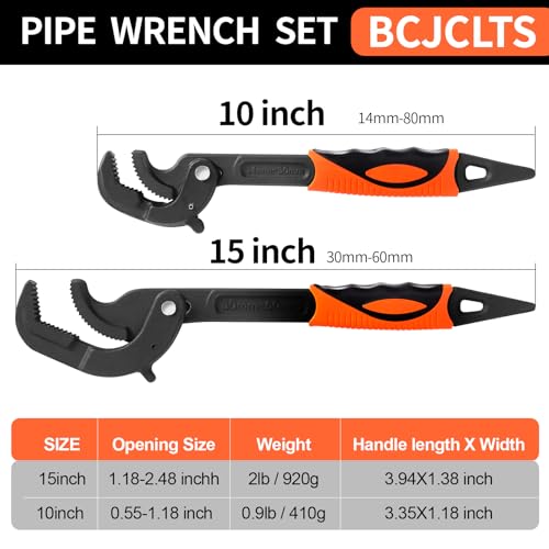 Pipe Wrench Set, 10” and 15” Self Adjusting Wrench 2-Piece Plumbing Tools for 0.55“-2.36”/14-60mm Standard Nuts, Irregular Nuts,Pipes Use