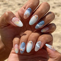 3D Color Press on Nails Almond - Medium Fake Nails with Embossed Starfish&White Bead Designs, Glossy Finish Reusable False Nails for Women Manicure(3D Embossed design 14) - color: 3D Embossed design 14