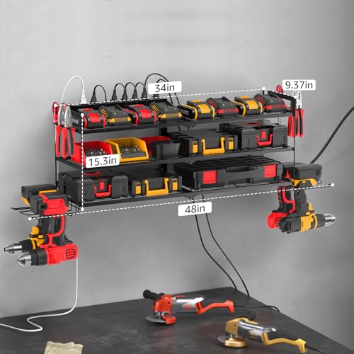 CCCEI Large Garage Tools Storage with Charging Station. Power Tool Battery Organizer Utility Shelf with Power Strip. 4 Drills Holder Wall Mount Rack, Black 3 Layer. - size: Large, style: 3 Layer
