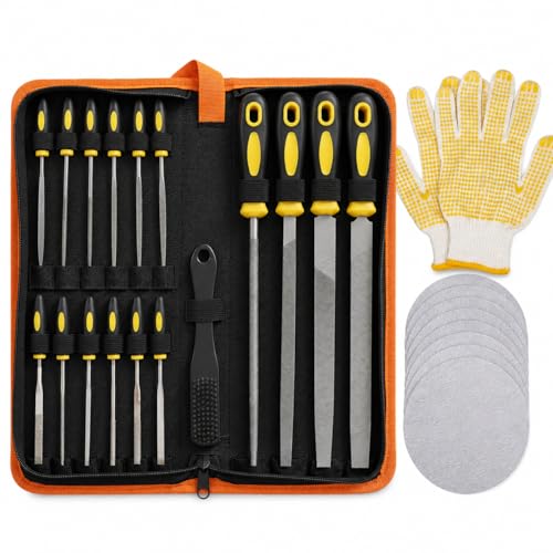 warmtree 28Pcs Metal File Set, Heavy Duty T12 Drop Forged Alloy Steel Files, Includes 4 Large Files, 6 Steel & 6 Diamond Needle File Set, 8 Sandpapers, Brush & Gloves, Metal Files for Wood, DIY