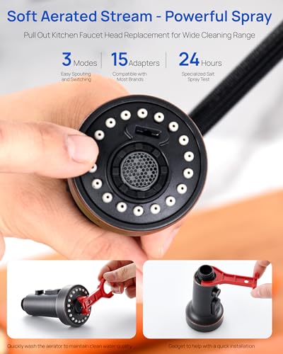 J-HVA Pull Down Kitchen Faucet Sprayer Head Replacement, Oil Rubbed Bronze | 3 Function, 15 adapters, Pull Out Sink Sprayer Replacement Nozzle Part, Kitchen Faucet Head Hose Spray Tap Spout - color: Oil Rubbed Bronze