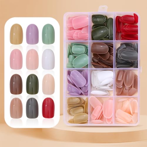 288 Pcs Press On Nails Short Almond Fake Nails Press Ons Set Full Cover Acrylic Glue on Nails Reusable Glossy Artificial Nail Kit Oval False Nails for Women Girls Manicure 12 Color - color: A004