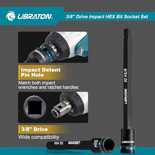 LIBRATON 3/8" Drive Long Impact Hex Bit Socket Set, Allen Bit Sockets | S2 Steel Hex Head Sockets, 20PCS Allen Wrench Socket, SAE&Metric Allen Bit Socket Set, 6" Long Allen Key Socket