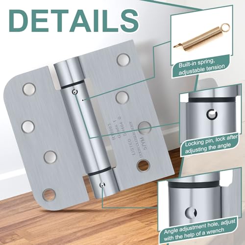 Hicarer 4 Pcs Self Closing Door Hinges, 4 Inch Spring Loaded Adjustable Tension Hinges, 5/8" Radius Corners, for Left/Right Hand Garage Front Back Door Commercial Use