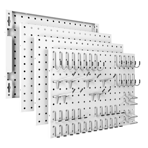 Spampur Peg Board, 4 Pack Metal Pegboard Panels with 50 Hooks - color: White, size: 16x12"- 4 Pcs