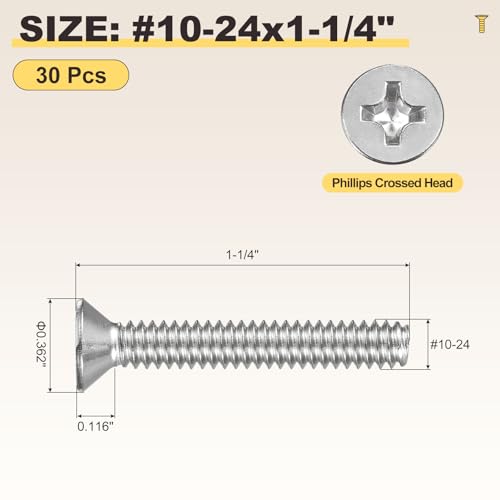 METALLIXITY #10-24x1-1/4 Phillips Flat Head Bolts 304 Silver 30Pcs - color: Silver, size: #10-24x1-1/4"