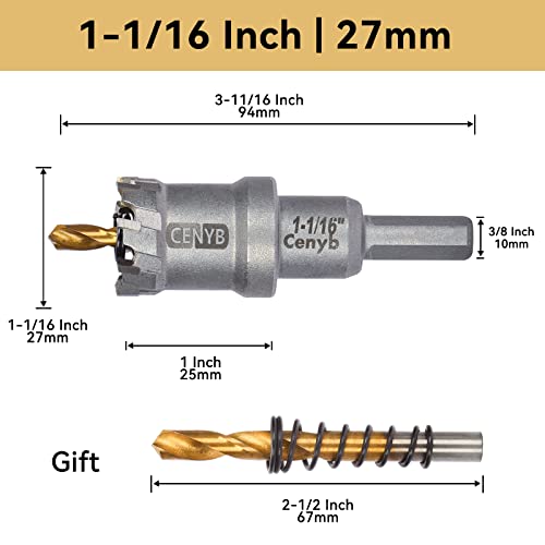 1-1/16" (27mm) Tungsten Carbide Tipped Hole Saw with 2Pcs Titanium-Plated Pilot Drill Bits for Hard Metal,Stainless Steel,Iron,Aluminum Alloy,Wood and Plastic - size: 27mm | 1-1/16"