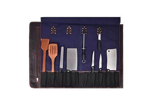 Leather Knife Roll Storage Bag, Elastic and Expandable 10 Pockets, Adjustable/Detachable Shoulder Strap, Travel-Friendly Chef Knife Case (Navy Blue, Canvas) - color: Navy Blue