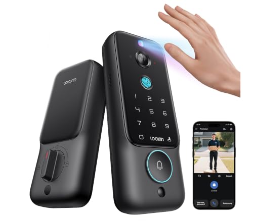 Lockin Veno Plus, All-in-One Smart Lock for Front Door | Palm Vein and Fingerprint Keyless Entry, 2K 180° Ultra-Wide Camera, Night Vision, Built-in WiFi, 8GB Storage, No Monthly Fee - size: Single Battery