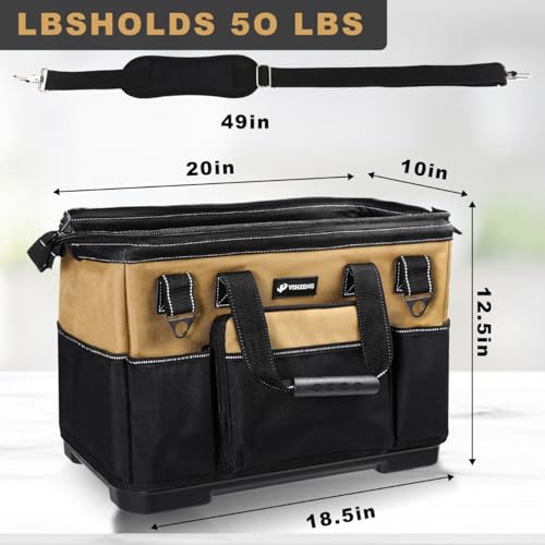 20 IN Large Tool Bag For Men Heavy Duty, Drill Bag Tool Bag Organizer, Wide Mouth Waterproof Hard Bottom Multiple Pockets Tool Tote, Tool Caddy, Maintenance - size: 20 Inch