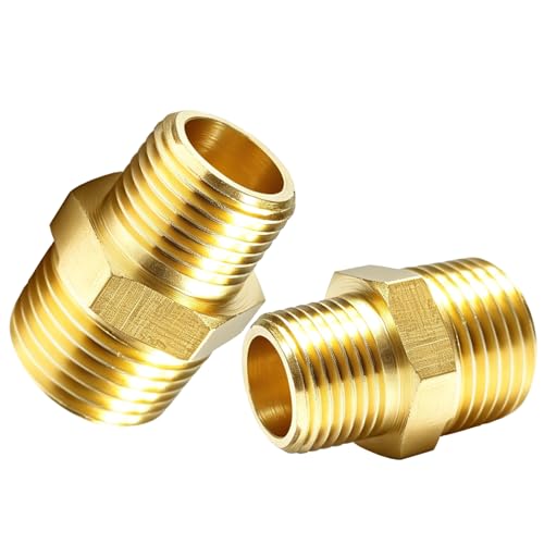 1/2" NPT to 3/8" NPT Brass Reducer Fitting, 2-Pack Solid Brass Hex Nipple | Solid forged brass, ASTM B584, 300 PSI rated. 1/2 male x 3/8 male NPT adapter for HVAC, pneumatic and air compressor systems - size: 1/2"NPT x 3/8" NPT Male(2PCS)