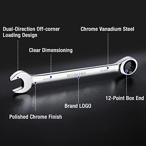 WORKPRO 7-Piece Ratcheting Combination Wrench Set, 72 Teeth, Cr-V Constructed, Combo Ratchet Wrenches Set with Roll Up Pouch, Metric 8mm-17mm (Pack of 2) - size: Metric (Pack of 2)