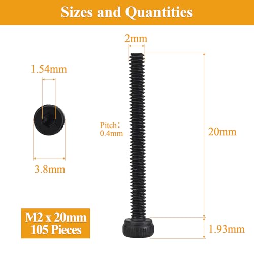 105 Pieces M2 x 20mm Socket Head Cap Screws, Thread Pitch 0.4mm, Sutemribor M2 Black Screws, 12.9 Grade Alloy Steel, Black Oxide Finish, Fully Threaded - size: M2 x 20mm, style: Socket Head