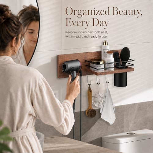 RoleDes Wooden Hair Dryer Holder Wall Mounted, Bathroom Hair Tool Organizer, Blow Dryer Holder Shelf, Curling Iron and Hair Styling Tools Organizer
