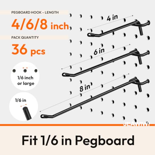 JEAWIWI 36 Pcs Metal Pegboard Hooks, 4 & 6 & 8 Inch, Fit 1/6 in Peg Board - color: Black, size: 4&6&8in 36pcs