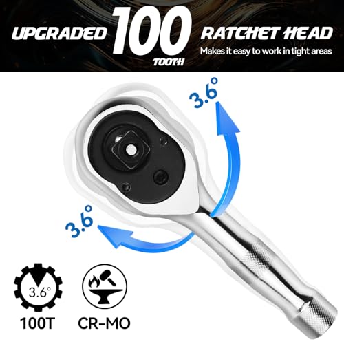 DISEN 3-Piece Stubby Ratchet Set – 1/4", 3/8", 1/2" Drive | 100-Tooth Ratchet with EVA Storage Tray | Quick Release Button | Non-Slip Grip | Reversible 3.6° Design for Tight Spaces, Chrome Finish - size: 1/4''+3/8''+1/2'' Set, style: 100T Stubby Ratchet S