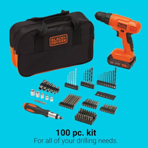 BLACK+DECKER 20V MAX* POWERCONNECT Cordless Drill Driver Kit with Drill Bit Set and Sockets, 100 pc. Tool Kit for Home, Battery and Charger Included, Orange (BDC120VA100)