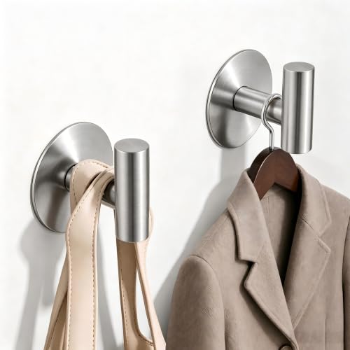 Heavy Duty Self-Adhesive Coat Hooks, Stainless Steel Towel Hooks for Bags, Towels, Robes, Hats, Aprons – No Drill Bathroom, Kitchen, Hotel Wall Hooks (2 Pack, Silver) - color: Silvery, size: Adhesive "T" Shape- 2 Pack