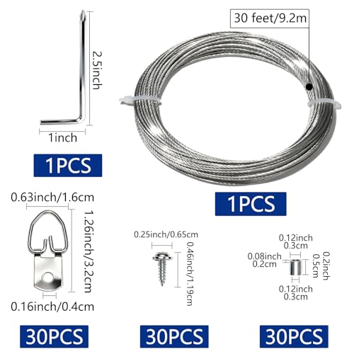92PCS Picture Hanging Kit - 30 Feet Braided Hanging Wire, 30Pcs D Ring Picture Hangers with Screws and 30Pcs Aluminum Crimping Loop Sleeve for Canvas Paintings, Photo Frames