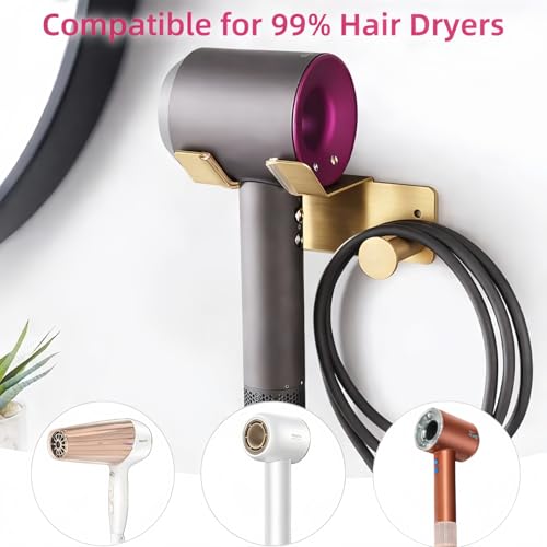 Hair Dryer Holder, HairDryer Holder Wall Mounted, Self Adhesive Blow Dryer Holder, Stainless Steel Hair Dryer Holder, Hairdryer Holder for Bathroom Gold BANJEKT - color: Gold Hair Dryer Holder