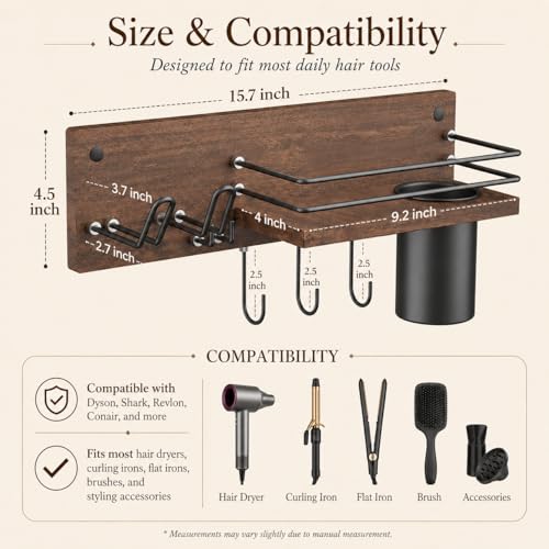 RoleDes Wooden Hair Dryer Holder Wall Mounted, Bathroom Hair Tool Organizer, Blow Dryer Holder Shelf, Curling Iron and Hair Styling Tools Organizer