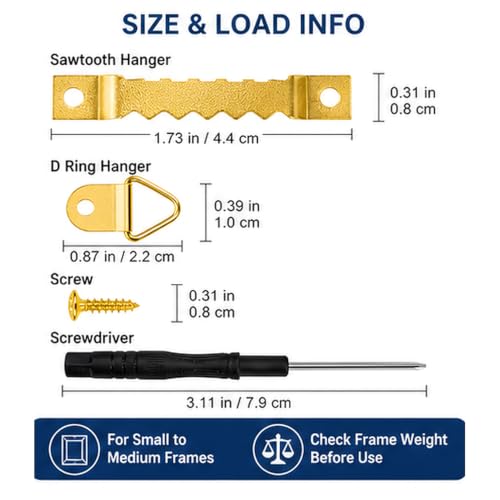 Sawtooth Picture Hangers with Screws and D Ring Hangers, 252 Piece Picture Hanging Hardware Kit for Frames, Canvas, Photo and Wall Mounting, Includes Screwdriver